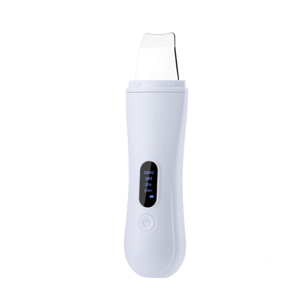 Ultrasonic skin scrubber with packaging, cable, and attachment on a white background