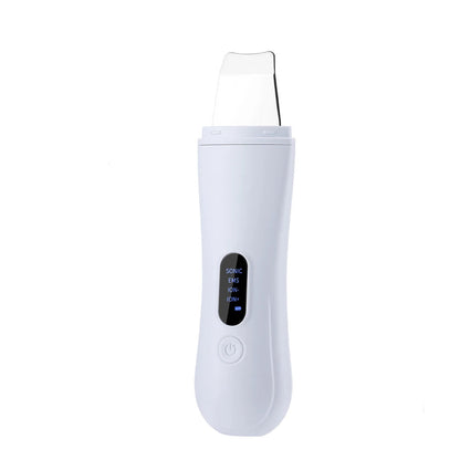 Ultrasonic skin scrubber with packaging, cable, and attachment on a white background